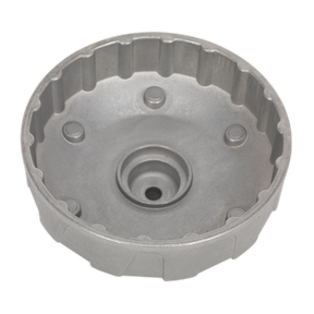 A Sealey Oil Filter Cap Wrench, specifically designed for Renault, featuring a circular 96mm diameter with 18 flutes. This wrench is crafted from durable aluminium alloy and includes a crowned top and an indented center, ideal for machinery or engine use. Product code: VS7115.