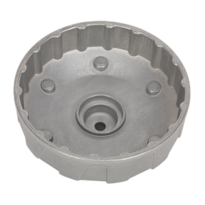 A Sealey Oil Filter Cap Wrench, specifically designed for Renault, featuring a circular 96mm diameter with 18 flutes. This wrench is crafted from durable aluminium alloy and includes a crowned top and an indented center, ideal for machinery or engine use. Product code: VS7115.