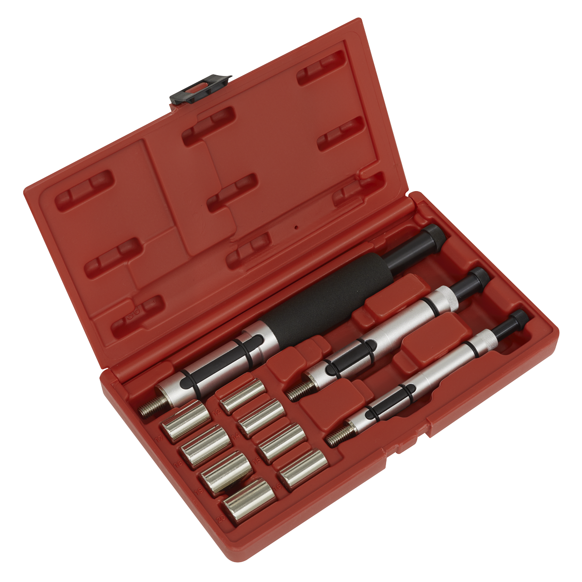 The Sealey Clutch Alignment Tool Set 11pc - VS711 includes a red plastic case containing a set of specialized metal tools with various sized attachments, extensions, and spigot adaptors designed for mechanical or automotive use.