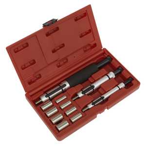 The Sealey Clutch Alignment Tool Set 11pc - VS711 includes a red plastic case containing a set of specialized metal tools with various sized attachments, extensions, and spigot adaptors designed for mechanical or automotive use.