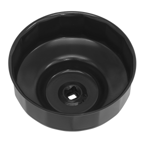 The Sealey Oil Filter Cap Wrench features a rounded shape, a central square opening for attachment, and is specifically designed as a 3/8"Sq drive wrench. This model, Ø90mm x 15 Flutes - Jaguar/Land Rover (VS7120), comes in black.