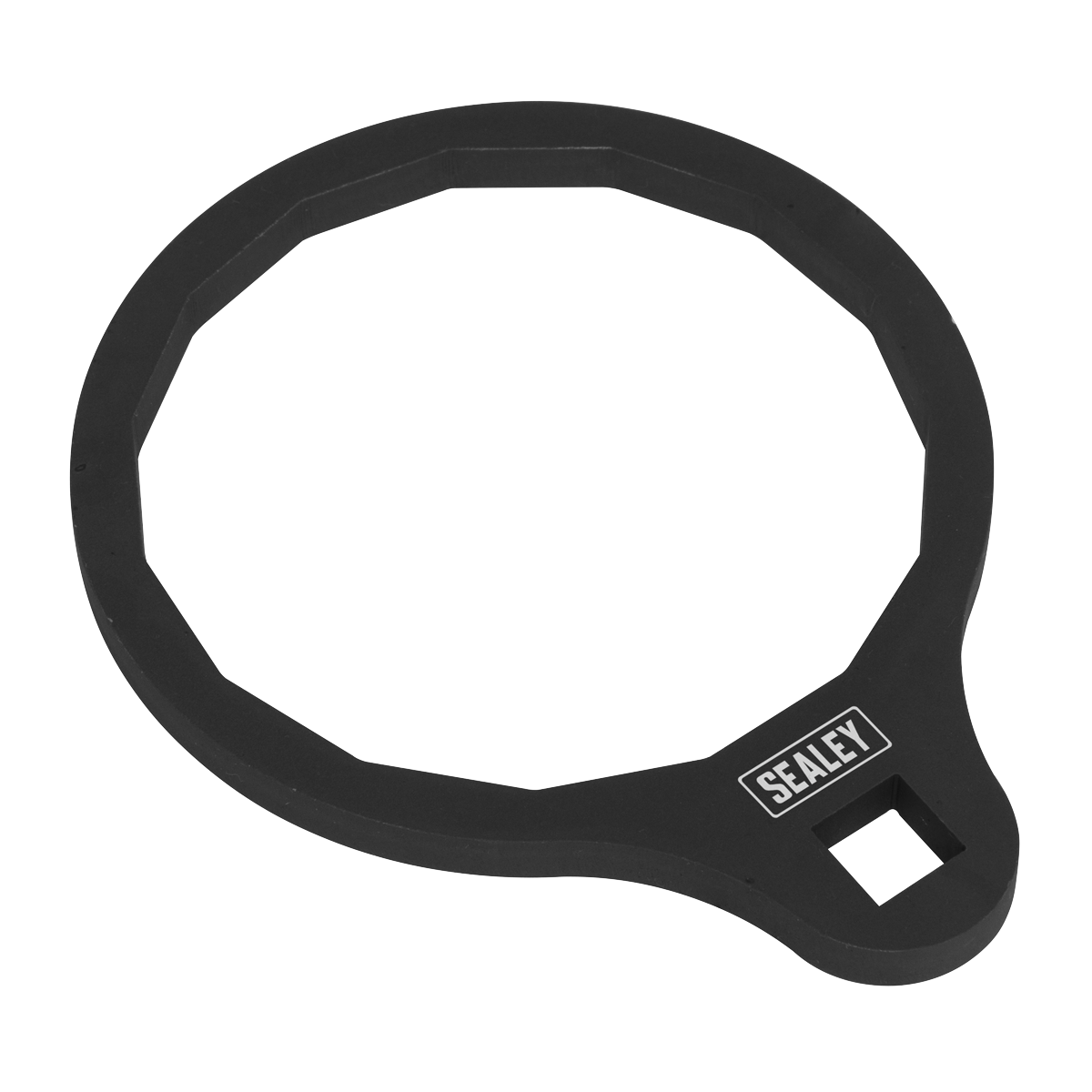 A Sealey Oil Filter Wrench Ø74.5mm 15pt (VS7145) for Ford 1.5 and 1.6 EcoBoost engines, featuring an octagonal shape with an angled drive handle and a square hole, in black color.