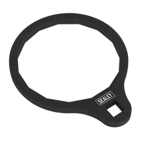 A Sealey Oil Filter Wrench Ø74.5mm 15pt (VS7145) for Ford 1.5 and 1.6 EcoBoost engines, featuring an octagonal shape with an angled drive handle and a square hole, in black color.