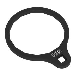 A Sealey Oil Filter Wrench Ø74.5mm 15pt (VS7145) for Ford 1.5 and 1.6 EcoBoost engines, featuring an octagonal shape with an angled drive handle and a square hole, in black color.