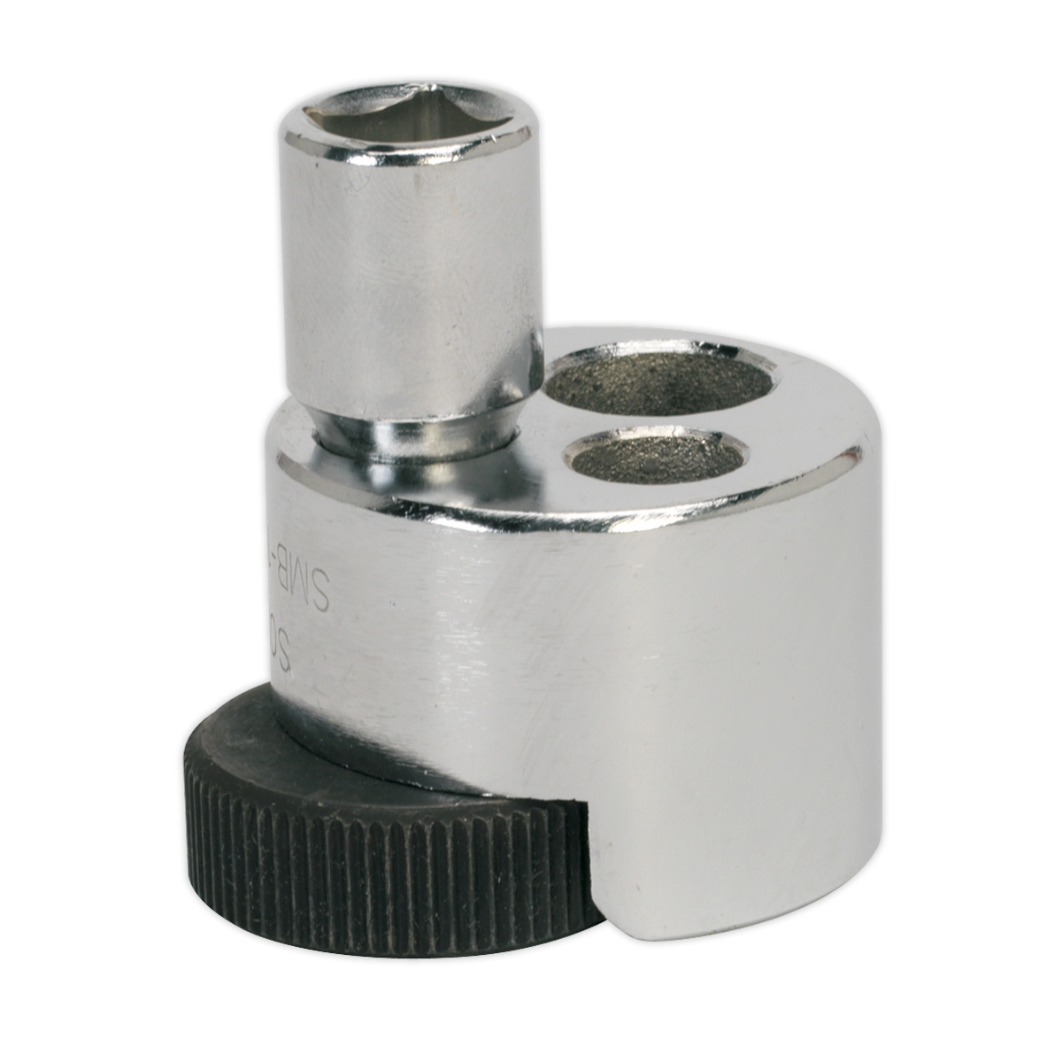 The Sealey Stud Remover & Installer - VS7232 is a metal cylinder featuring a black ridged knob at the base and three circular openings on top, designed as an installation tool.