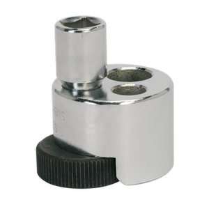 The Sealey Stud Remover & Installer - VS7232 is a metal cylinder featuring a black ridged knob at the base and three circular openings on top, designed as an installation tool.