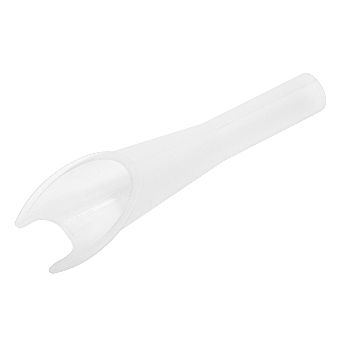 Clear plastic utensil with a Y-shaped forked end and a cylindrical handle, reminiscent of the simplicity found in the Sealey Ford Emergency Fuel Funnel - Petrol - VS72, designed for Ford vehicles with capless filler systems.