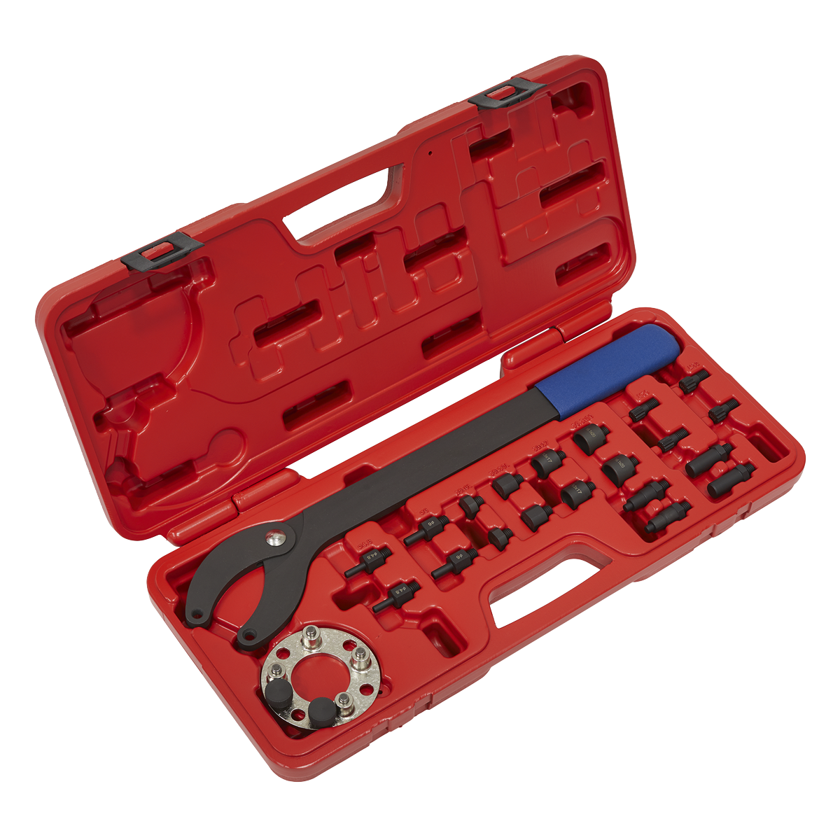 A red plastic case containing the Sealey Pulley Holding/Turning Set 24pc - VAG - VS754, which includes an adjustable spanner wrench, various fittings organized in designated slots, and a water pump tool for comprehensive engine maintenance.