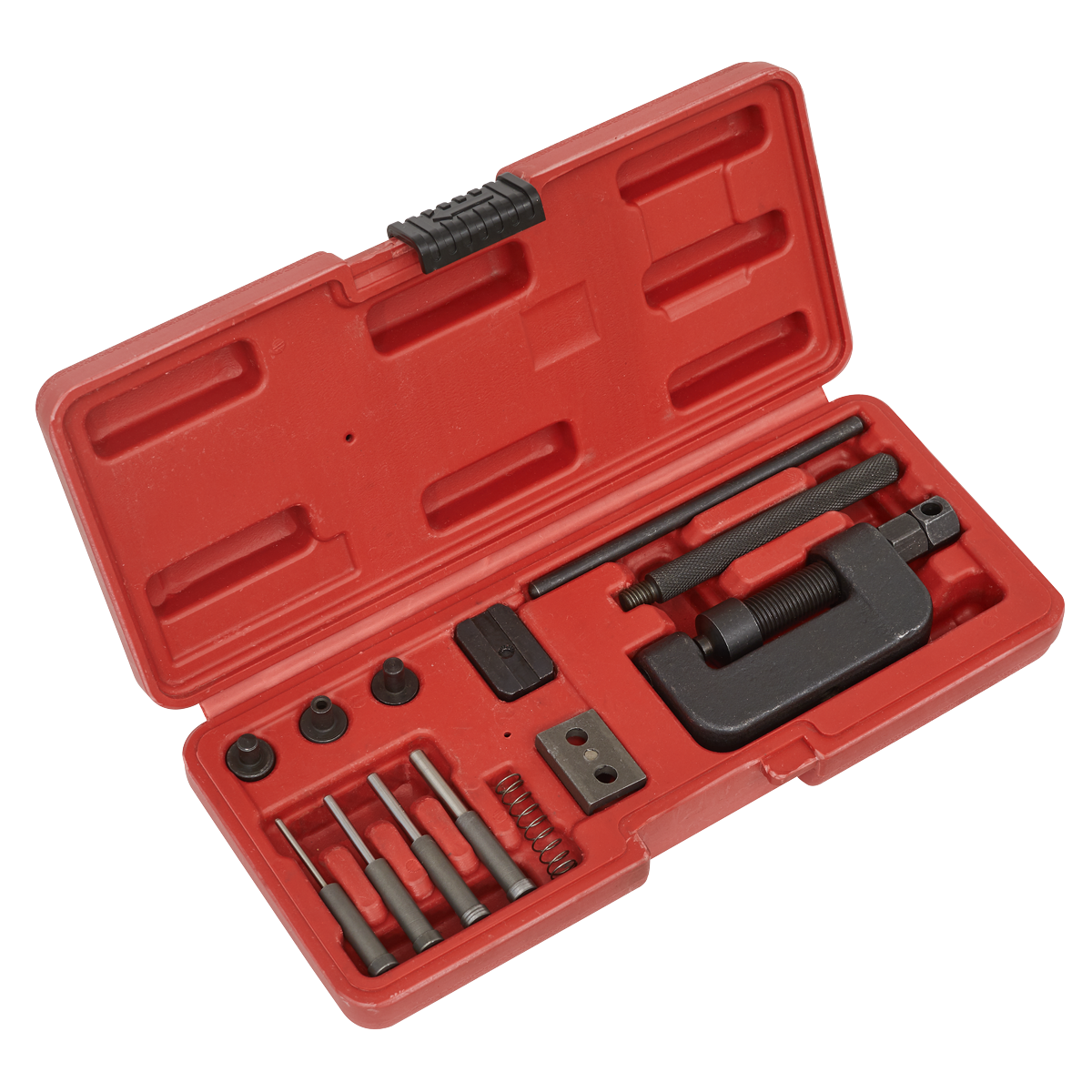 The Sealey Motorcycle Chain Breaker & Riveter - VS779 is a red plastic case containing various metal tools, including a breaker bar, pins, a chain breaker tool, and small components.