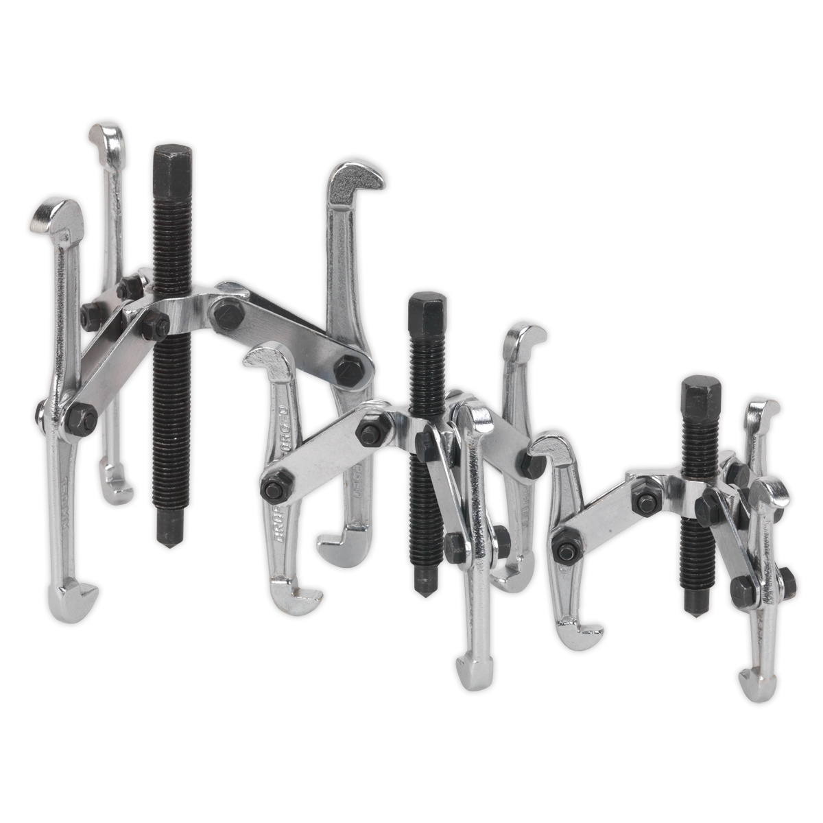 The Sealey Triple Leg Gear Reversible Puller Set 3pc (VS77) is displayed, featuring three metal gear pullers of varying sizes. Each puller is equipped with three adjustable arms, a threaded center screw for extracting gears, and hex head forcing screws. They are crafted from drop-forged carbon steel and are heat-treated with a chrome-plated finish for durability.