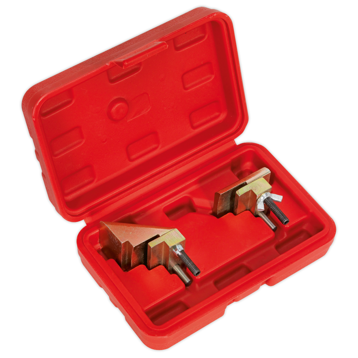 The Sealey Auxiliary Stretch Belt Removal/Installation Tool - VS787 is a red plastic case containing two metal tools with screws, placed in molded compartments, ideal for working on auxiliary drive systems.