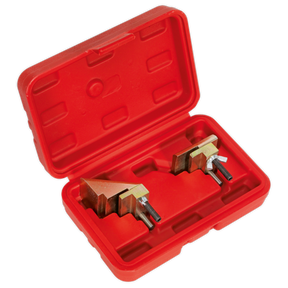 The Sealey Auxiliary Stretch Belt Removal/Installation Tool - VS787 is a red plastic case containing two metal tools with screws, placed in molded compartments, ideal for working on auxiliary drive systems.