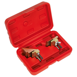 The Sealey Auxiliary Stretch Belt Removal/Installation Tool - VS787 is a red plastic case containing two metal tools with screws, placed in molded compartments, ideal for working on auxiliary drive systems.