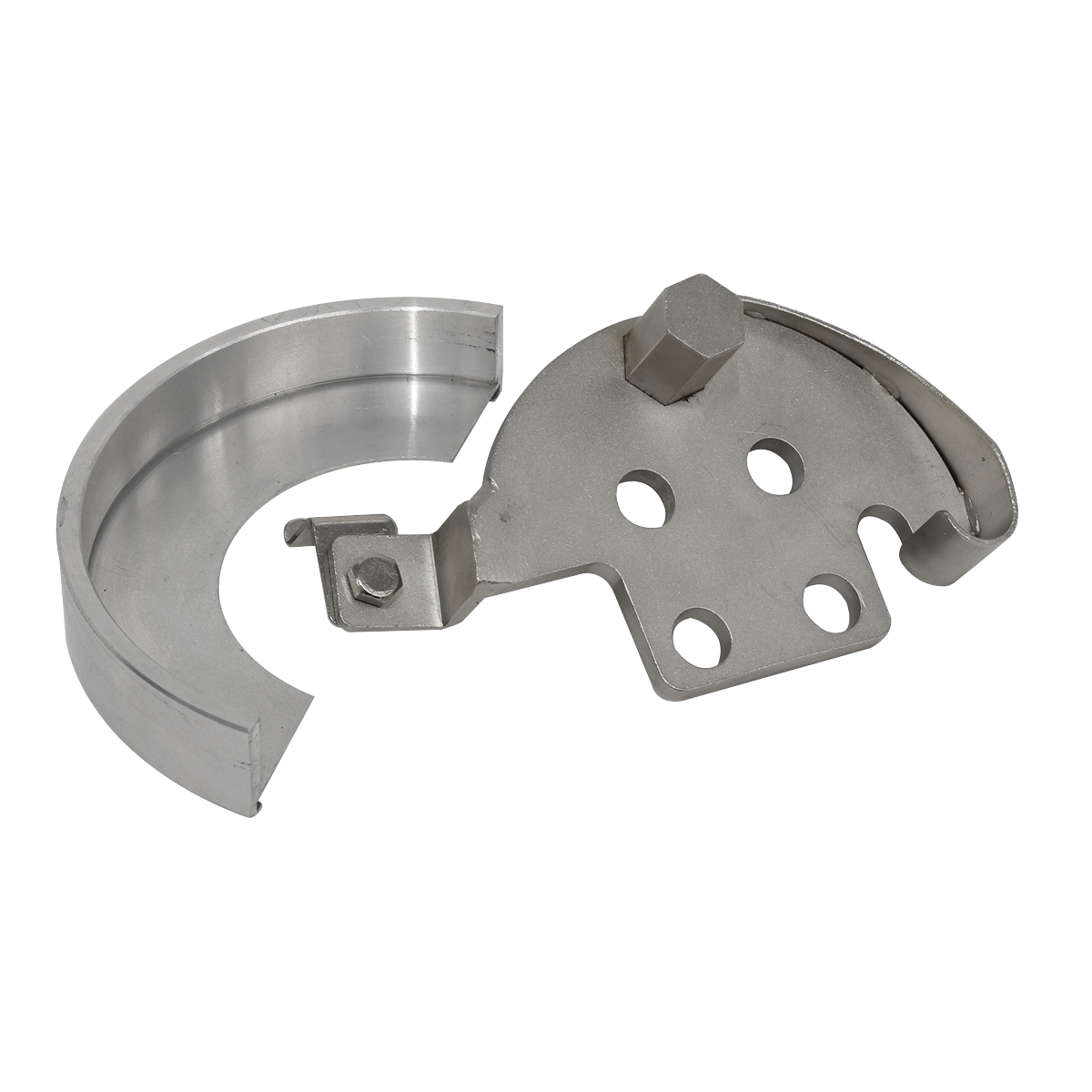 The Sealey Stretch Belt Installation Tool — VS790 is expertly designed for Ford and Volvo vehicles. This tool features a metal bracket with a curved component and multiple holes, making it perfect for mounting or joining machinery parts. It ensures efficiency and precision, saving you time on your installation tasks.