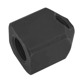 The Sealey Diesel Injector Puller - Bosch - VS7950, featuring a black, hexagon-shaped metal body with threaded holes on both ends, is displayed against a white background, perfect for use in diesel engines.