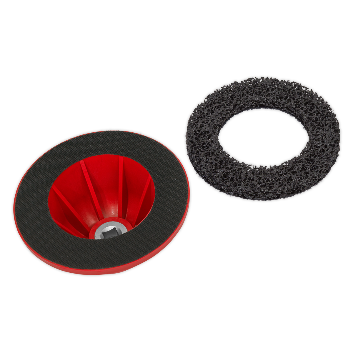 The Hub Cleaner - VS8001 by Sealey, featuring a red and black abrasive cup wheel resembling a brake disc, is positioned next to a black mesh abrasive disc that lies flat on a white background.