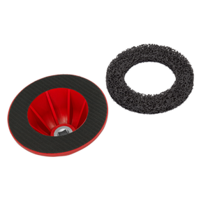 The Hub Cleaner - VS8001 by Sealey, featuring a red and black abrasive cup wheel resembling a brake disc, is positioned next to a black mesh abrasive disc that lies flat on a white background.