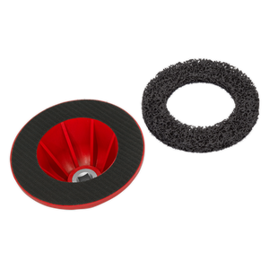 The Hub Cleaner - VS8001 by Sealey, featuring a red and black abrasive cup wheel resembling a brake disc, is positioned next to a black mesh abrasive disc that lies flat on a white background.