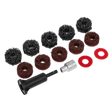 A collection of Stud Hub Cleaner attachments and buffing pads, including 14-piece options for cleaning discs from the Sealey brand, in various colors and textures, neatly arranged in a grid.