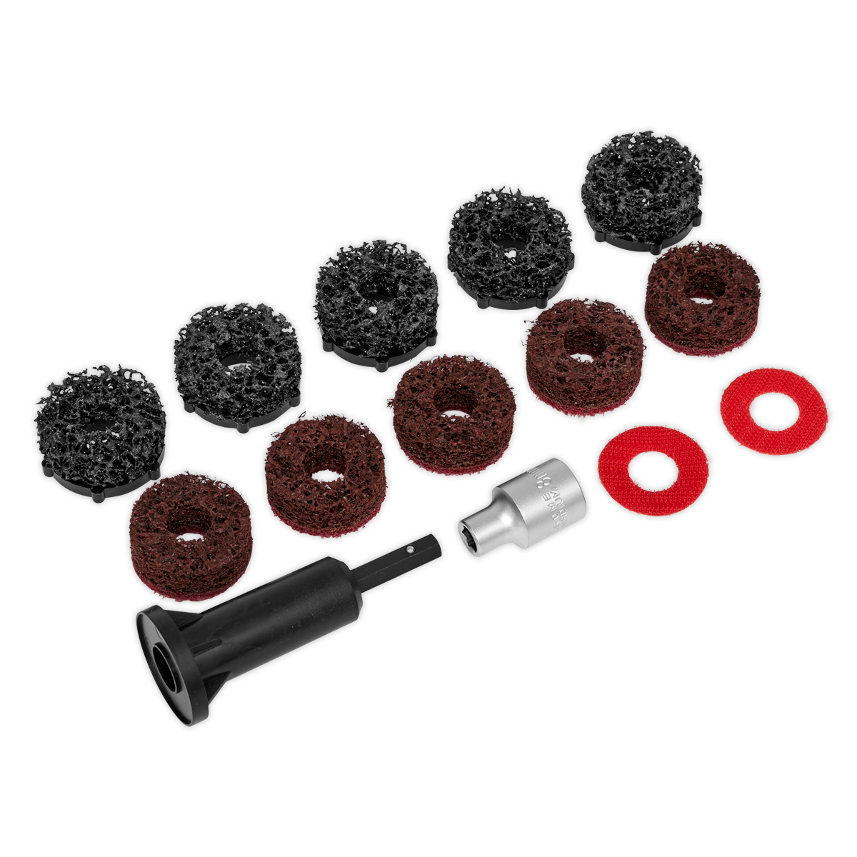 A collection of Stud Hub Cleaner attachments and buffing pads, including 14-piece options for cleaning discs from the Sealey brand, in various colors and textures, neatly arranged in a grid.