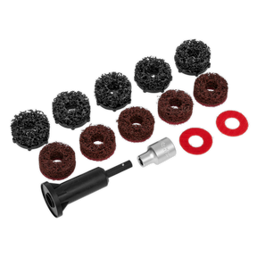A collection of Stud Hub Cleaner attachments and buffing pads, including 14-piece options for cleaning discs from the Sealey brand, in various colors and textures, neatly arranged in a grid.