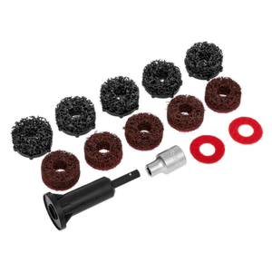 A collection of Stud Hub Cleaner attachments and buffing pads, including 14-piece options for cleaning discs from the Sealey brand, in various colors and textures, neatly arranged in a grid.