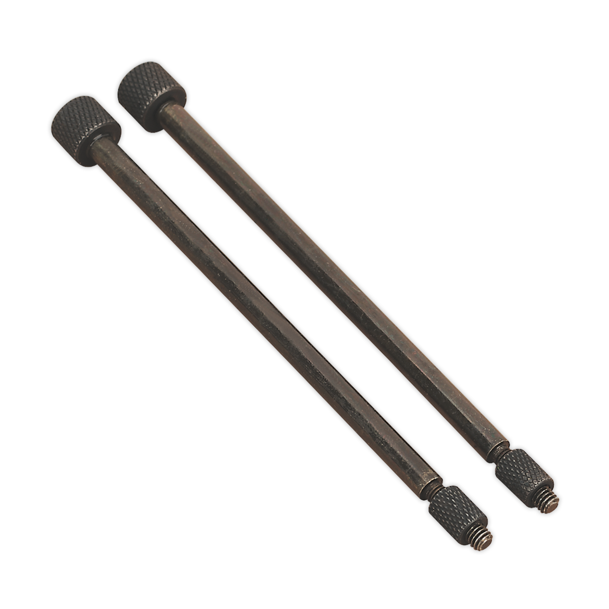 Two long, cylindrical metal rods from the Sealey brand, resembling VS803/02 door hinge removal pins with textured knob ends and threaded tips, arranged parallel to each other on a white background.