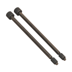 Two long, cylindrical metal rods from the Sealey brand, resembling VS803/02 door hinge removal pins with textured knob ends and threaded tips, arranged parallel to each other on a white background.