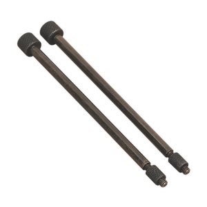 Two long, cylindrical metal rods from the Sealey brand, resembling VS803/02 door hinge removal pins with textured knob ends and threaded tips, arranged parallel to each other on a white background.