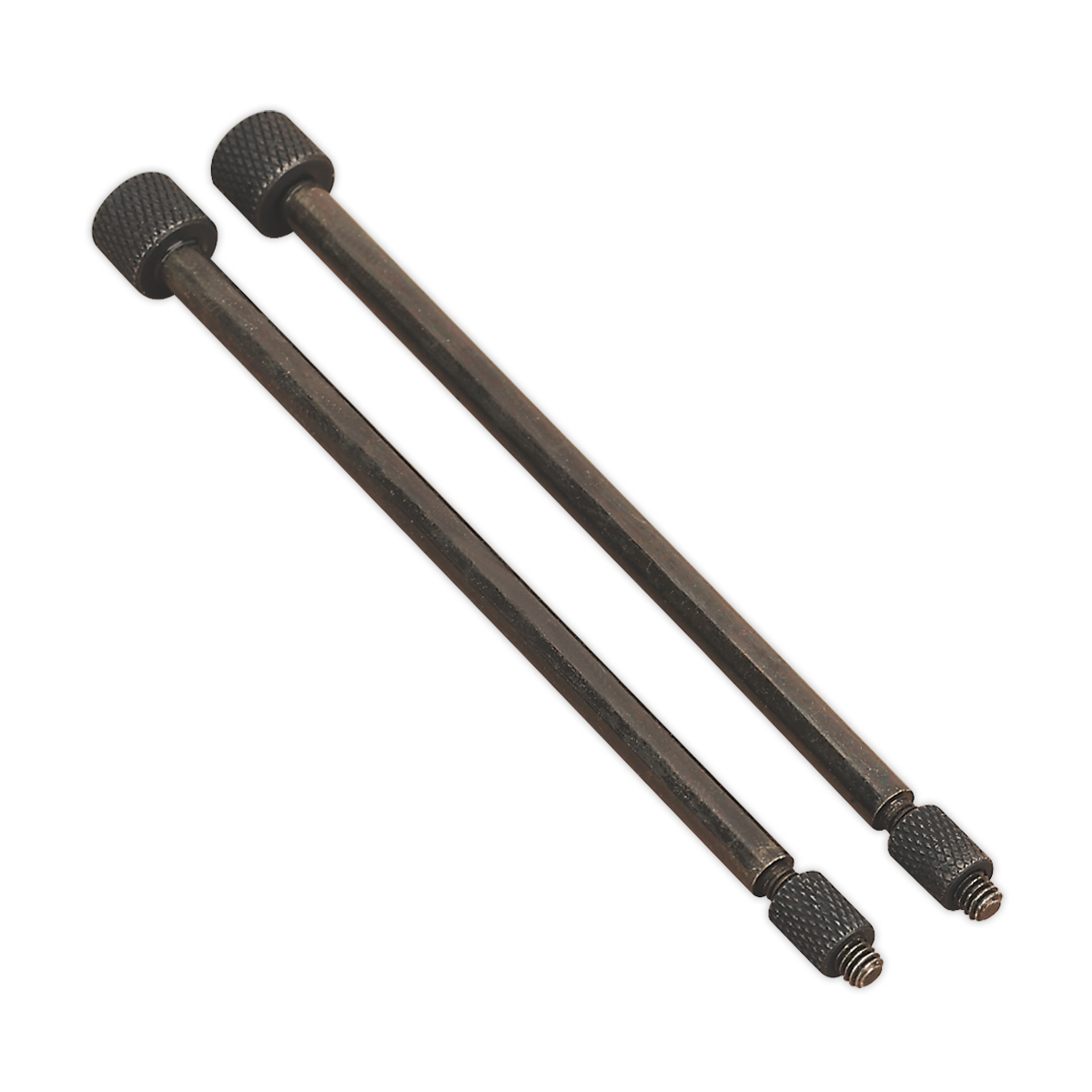 Two metal rods with knurled ends, featuring threaded screw tips on one side, are placed side by side on a white background, resembling the Sealey Door Hinge Removal Pin Ø5.5 x 110mm Pack of 2 - VS803/04.