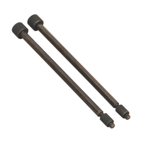 Two metal rods with knurled ends, featuring threaded screw tips on one side, are placed side by side on a white background, resembling the Sealey Door Hinge Removal Pin Ø5.5 x 110mm Pack of 2 - VS803/04.