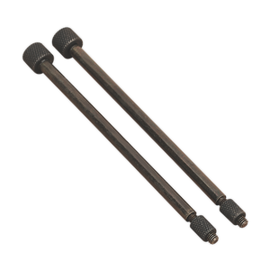 Two metal rods with knurled ends, featuring threaded screw tips on one side, are placed side by side on a white background, resembling the Sealey Door Hinge Removal Pin Ø5.5 x 110mm Pack of 2 - VS803/04.