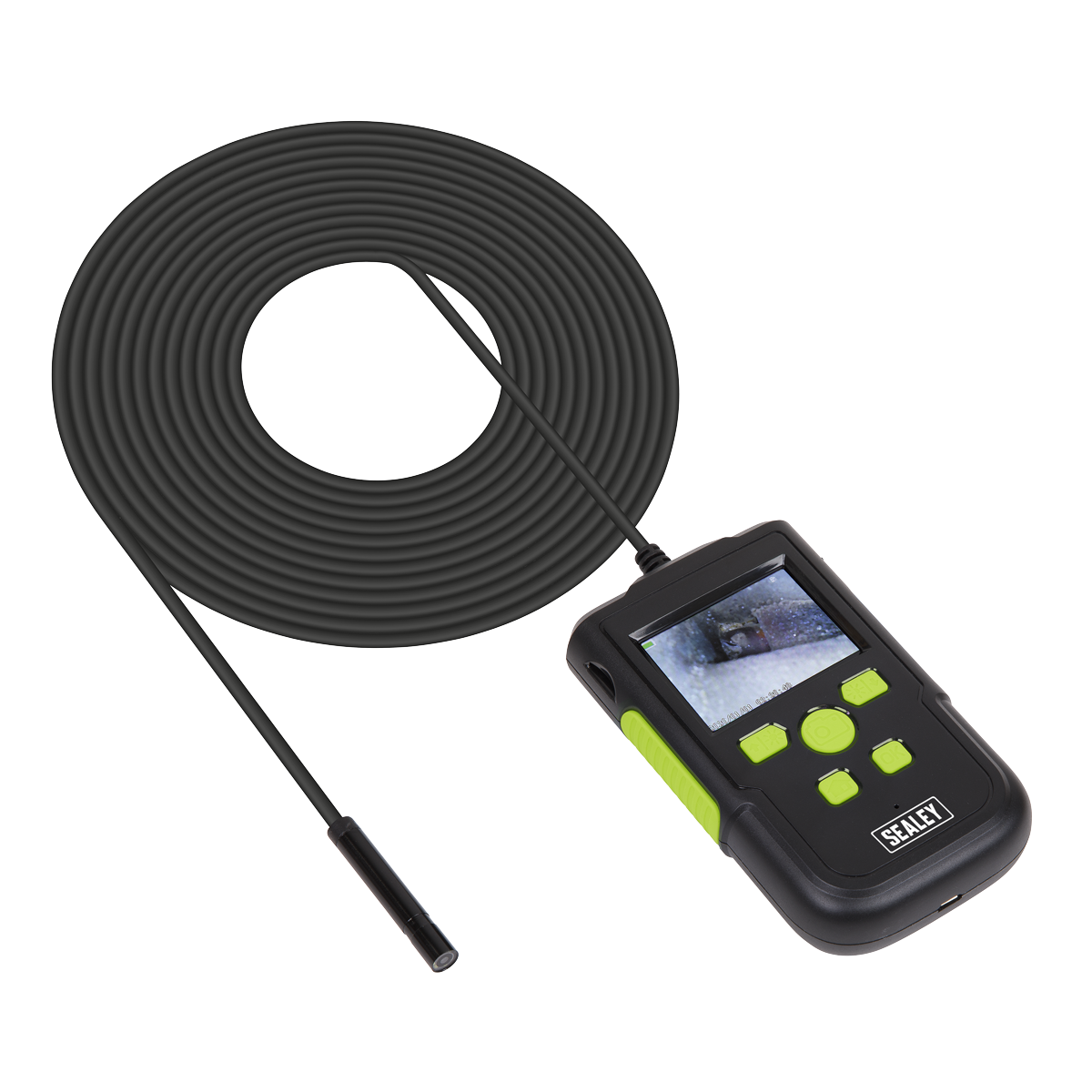 The Sealey Video Borescope Ø8mm Camera - VS8112 features a long flexible cable and a 60mm LCD screen, providing clear imaging.