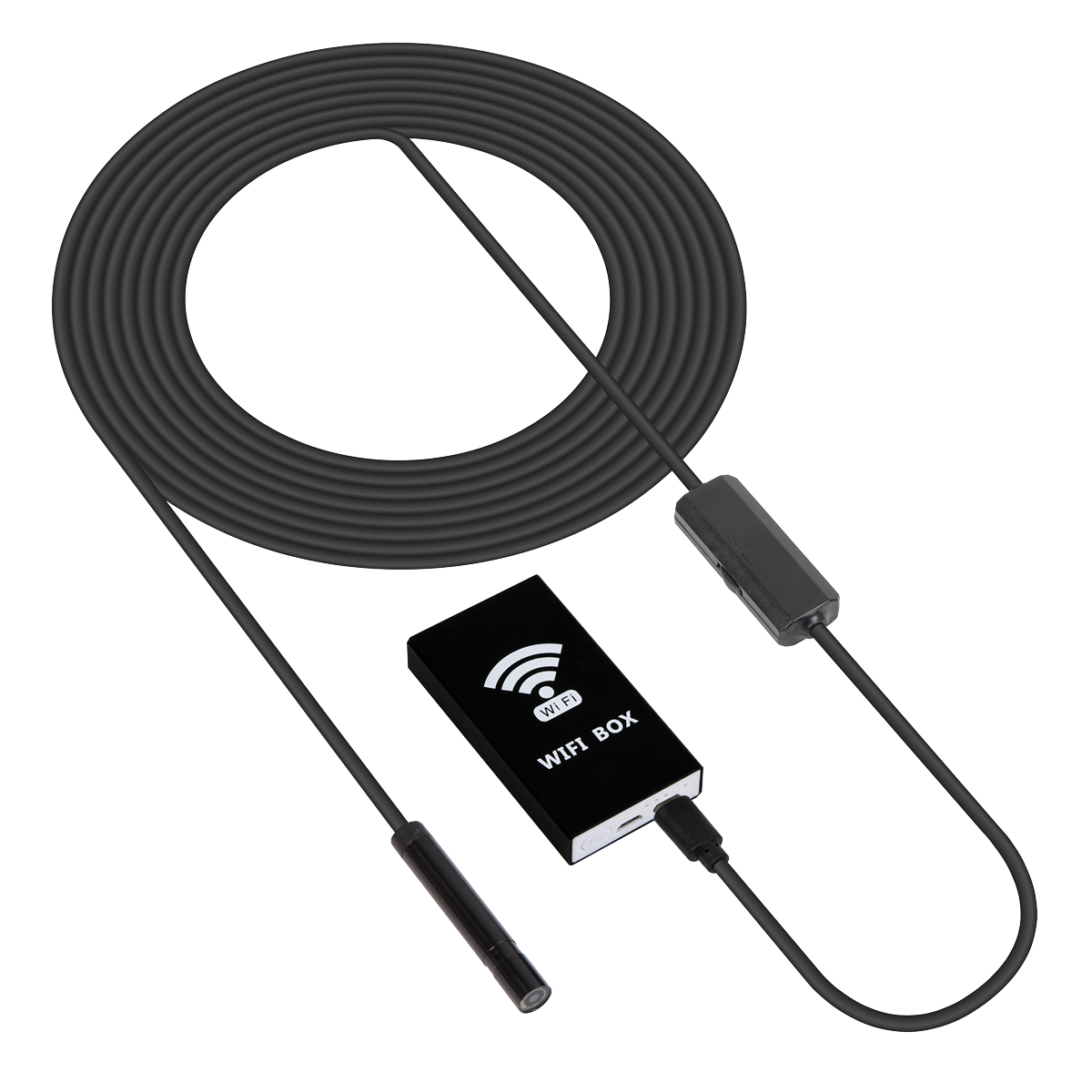 The Sealey Wi-Fi Borescope Ø8mm - VS8113 includes a black Wi-Fi box and an extended black cable with connectors on both sides. This component of the Wi-Fi endoscope system is equipped with an 8mm camera head and boasts a waterproof IP67 rating, ensuring dependable inspections.