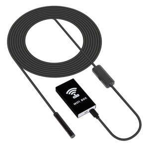 The Sealey Wi-Fi Borescope Ø8mm - VS8113 includes a black Wi-Fi box and an extended black cable with connectors on both sides. This component of the Wi-Fi endoscope system is equipped with an 8mm camera head and boasts a waterproof IP67 rating, ensuring dependable inspections.