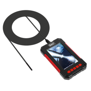 The Sealey Tablet Video Borescope Ø3.9mm Camera - VS8114 features a flexible camera hose attached to a handheld device with a large LCD screen, control buttons, and HD video recording capabilities. Its waterproof probe ensures durability in various environments.