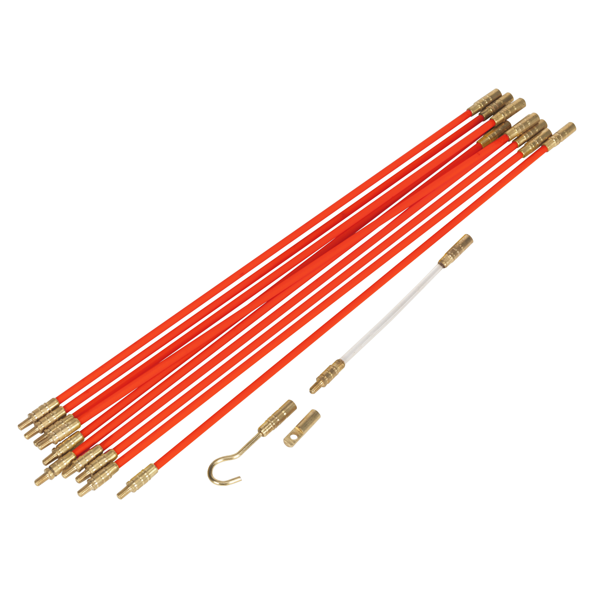 The Sealey Cable Management Tool 12pc 3.2m - VS8181 features a set of red and white fiberglass rods with brass connectors and a hook attachment, making it ideal for professional installers working on cable installation, all neatly arranged in a line.