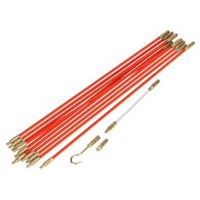 The Sealey Cable Management Tool 12pc 3.2m - VS8181 features a set of red and white fiberglass rods with brass connectors and a hook attachment, making it ideal for professional installers working on cable installation, all neatly arranged in a line.