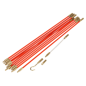 The Sealey Cable Management Tool 12pc 3.2m - VS8181 features a set of red and white fiberglass rods with brass connectors and a hook attachment, making it ideal for professional installers working on cable installation, all neatly arranged in a line.