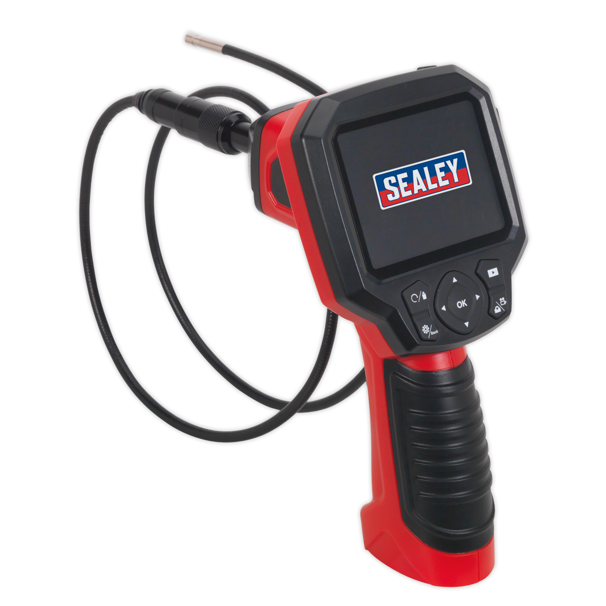 The Sealey Video Borescope Ø5.5mm Camera - VS8231 features a flexible, waterproof probe and a display screen, making it ideal for inspecting hard-to-reach areas. Its pistol grip borescope design ensures ease of use, while the video record/playback feature allows you to document your findings effortlessly.