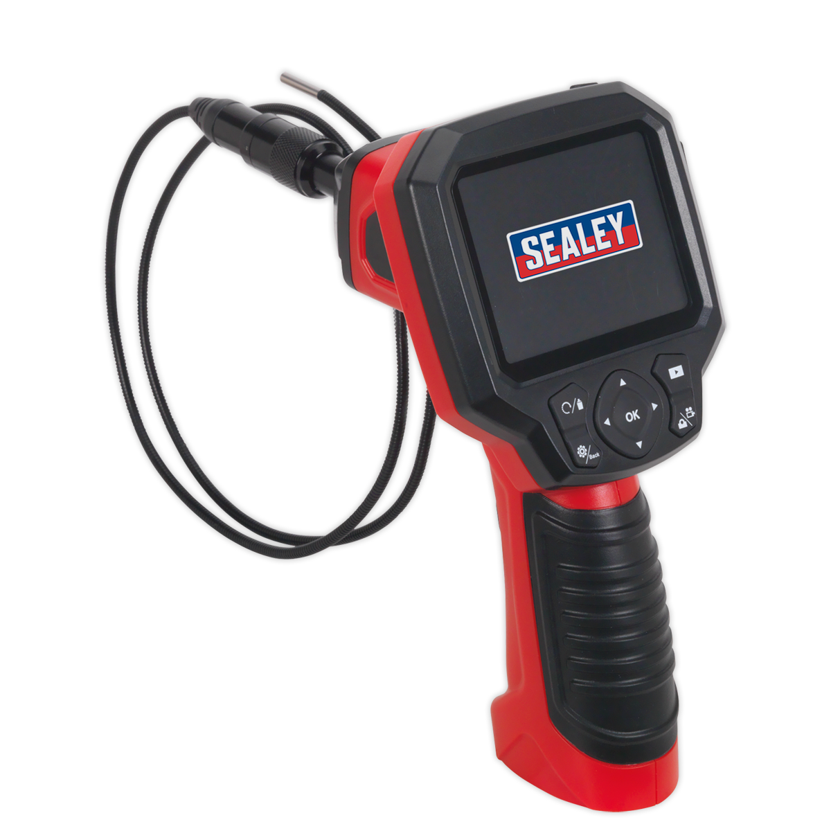 The Sealey Video Borescope Ø3.9mm Camera (model VS8232) is a handheld device with a flexible inspection camera and screen, featuring a pistol grip for ease of use, video record/playback functionality, and a waterproof probe for versatile applications.