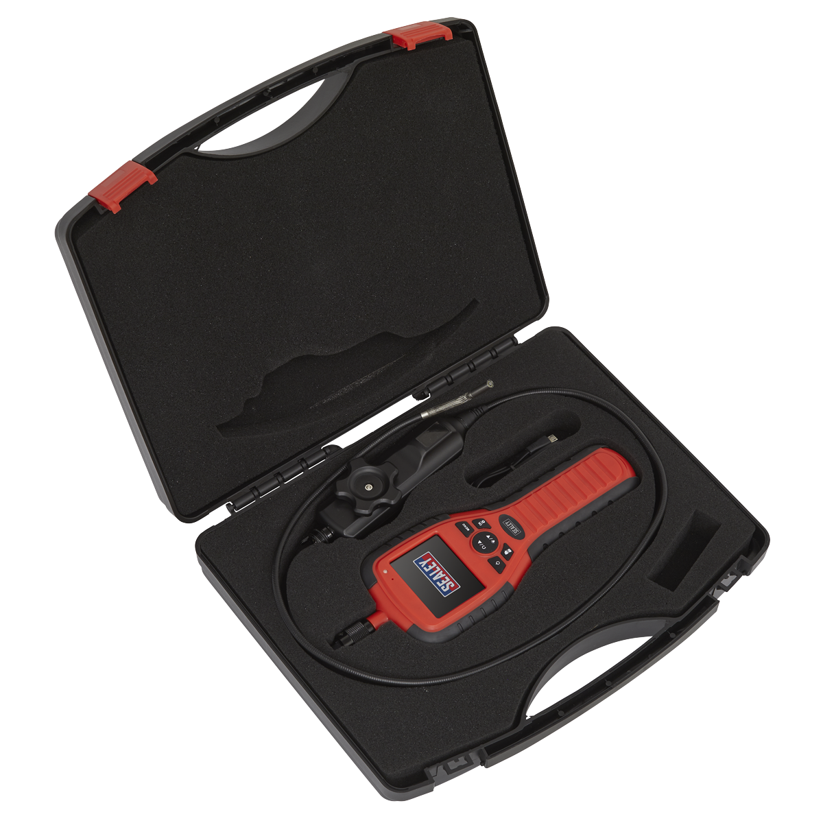 The Sealey Video Borescope Ø6mm - Articulated - VS8233A diagnostic tool kit, featuring a red and black color scheme, comes in a black carrying case with foam padding. It includes the main device, a probe, additional attachments, and a portable articulated borescope for detailed inspections.