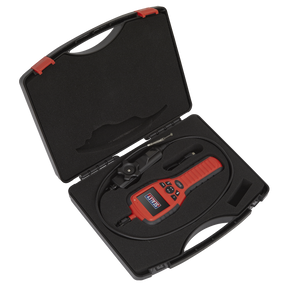 The Sealey Video Borescope Ø6mm - Articulated - VS8233A diagnostic tool kit, featuring a red and black color scheme, comes in a black carrying case with foam padding. It includes the main device, a probe, additional attachments, and a portable articulated borescope for detailed inspections.