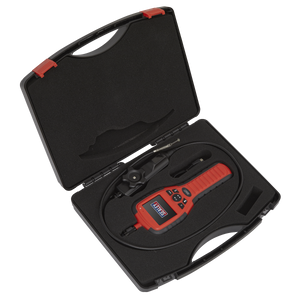 The Sealey Video Borescope Ø6mm - Articulated - VS8233A diagnostic tool kit, featuring a red and black color scheme, comes in a black carrying case with foam padding. It includes the main device, a probe, additional attachments, and a portable articulated borescope for detailed inspections.