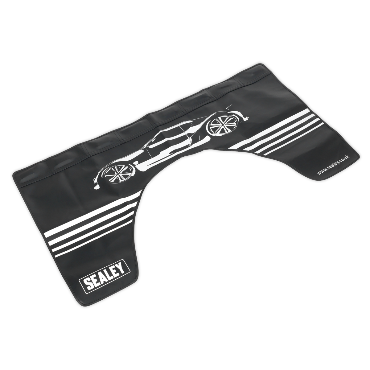 The Sealey Magnetic & Suction Grip Workshop Wing Cover - VS8503 is a black protective cover featuring the Sealey logo and a white car illustration. Made from soft-faced vinyl material, it is ideal for covering vehicle parts during maintenance.