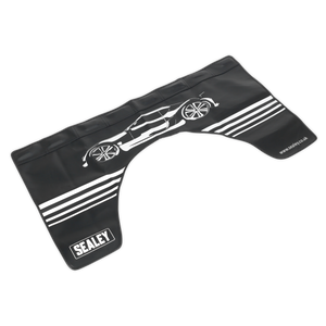 The Sealey Magnetic & Suction Grip Workshop Wing Cover - VS8503 is a black protective cover featuring the Sealey logo and a white car illustration. Made from soft-faced vinyl material, it is ideal for covering vehicle parts during maintenance.