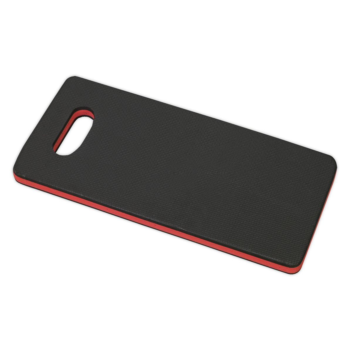 The Sealey Mechanic's Kneeling Mat EVA - 28mm - VS8573 is a black and red kneeling mat with a carrying handle cutout, perfect for roadside repairs and resistant to oil and water.