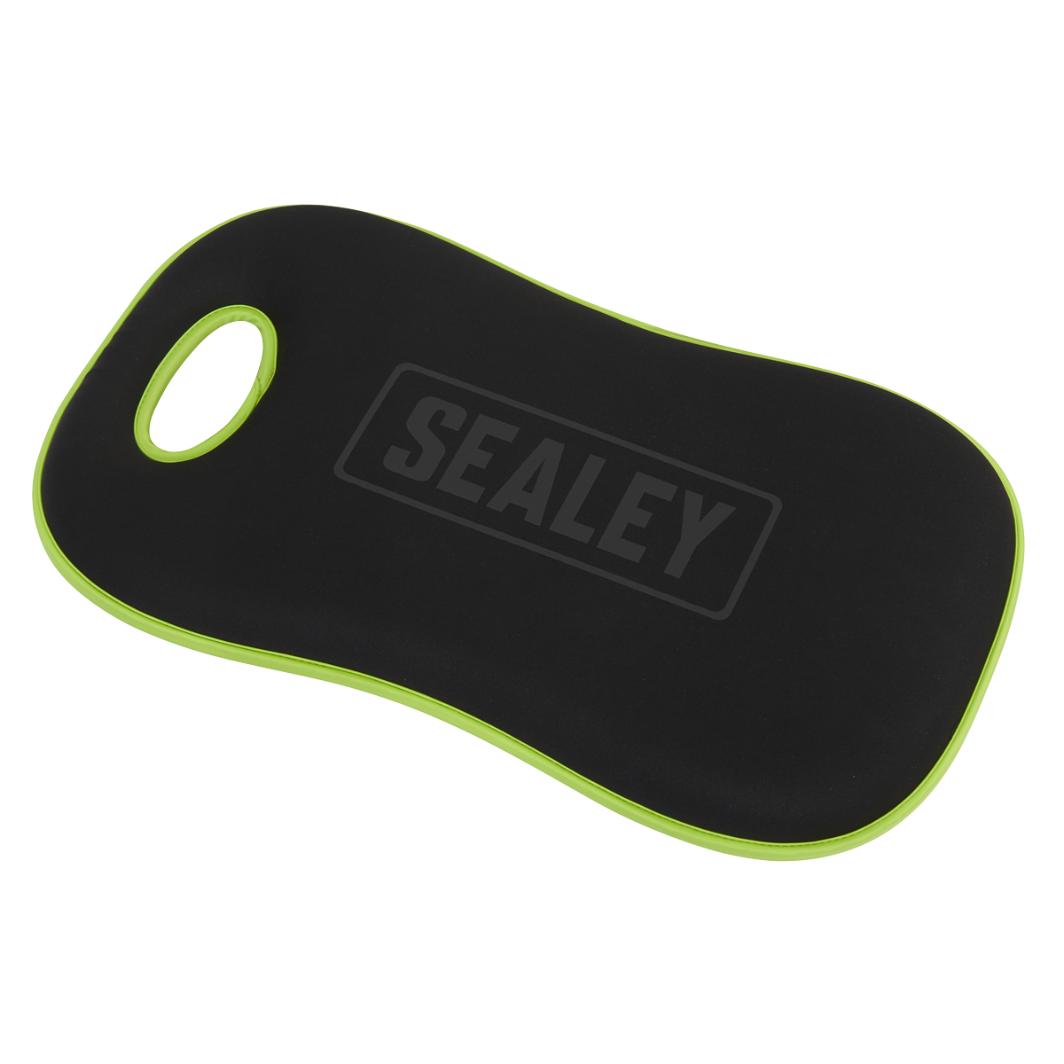 The Sealey Kneeling Mat Premium EVA - 40mm - VS8595 is a premium black kneeling pad with a green border and an integrated handle. It features the brand name "Sealey" in the center and is made from shock-absorbing EVA material for extra comfort.