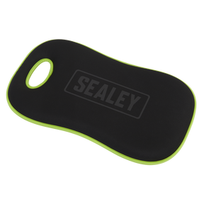 The Sealey Kneeling Mat Premium EVA - 40mm - VS8595 is a premium black kneeling pad with a green border and an integrated handle. It features the brand name "Sealey" in the center and is made from shock-absorbing EVA material for extra comfort.
