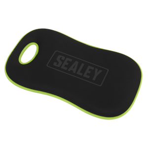 The Sealey Kneeling Mat Premium EVA - 40mm - VS8595 is a premium black kneeling pad with a green border and an integrated handle. It features the brand name "Sealey" in the center and is made from shock-absorbing EVA material for extra comfort.